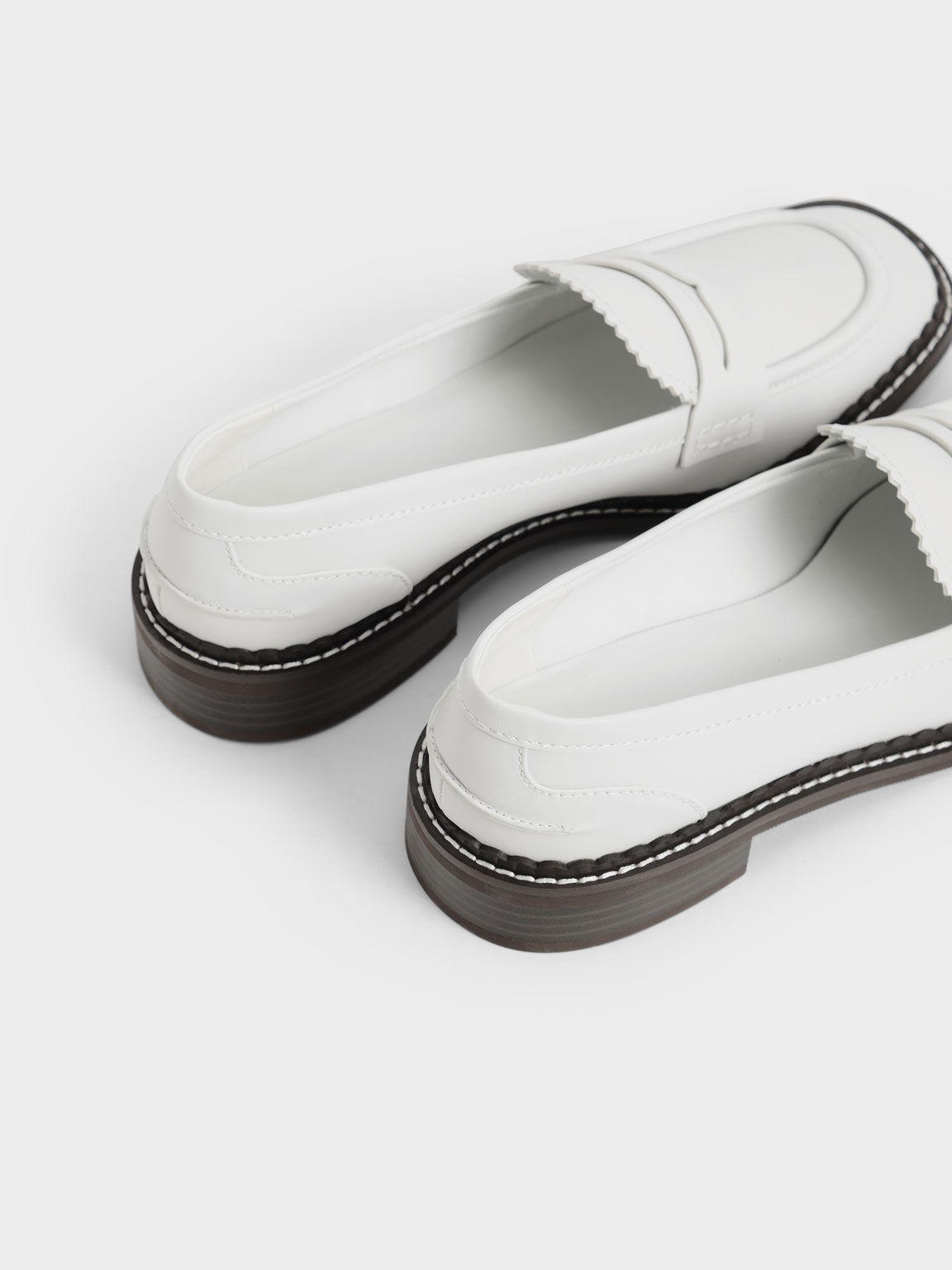 Scallop-Trim Penny Loafers, White, hi-res