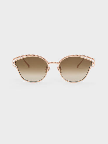 Braided Wire-Frame Cateye Sunglasses, สีโรสโกลด์, hi-res