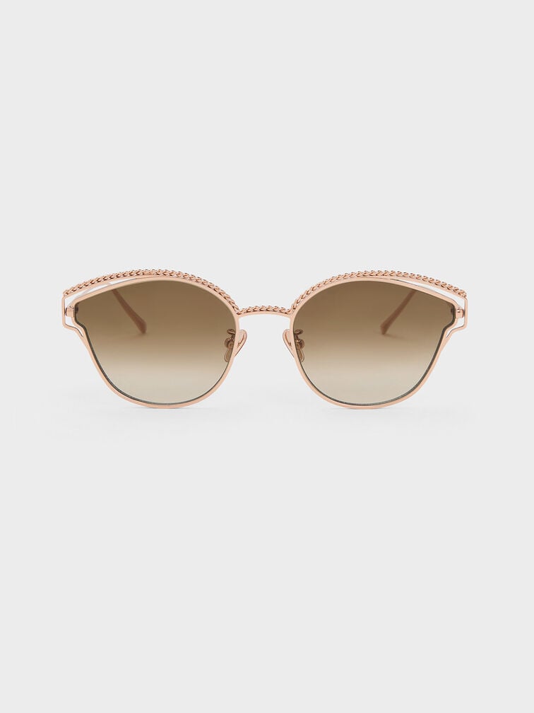 Braided Wire-Frame Cateye Sunglasses, สีโรสโกลด์, hi-res