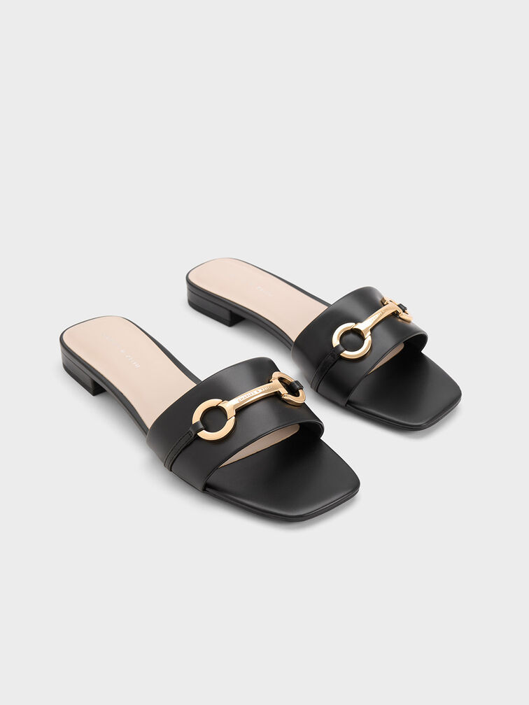 Metallic Bar Slide Sandals, Black, hi-res