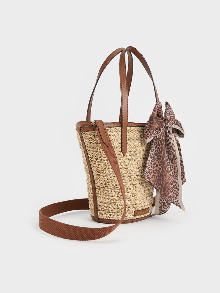 Sianna Raffia Scarf-Print Tote Bag, Camel, hi-res