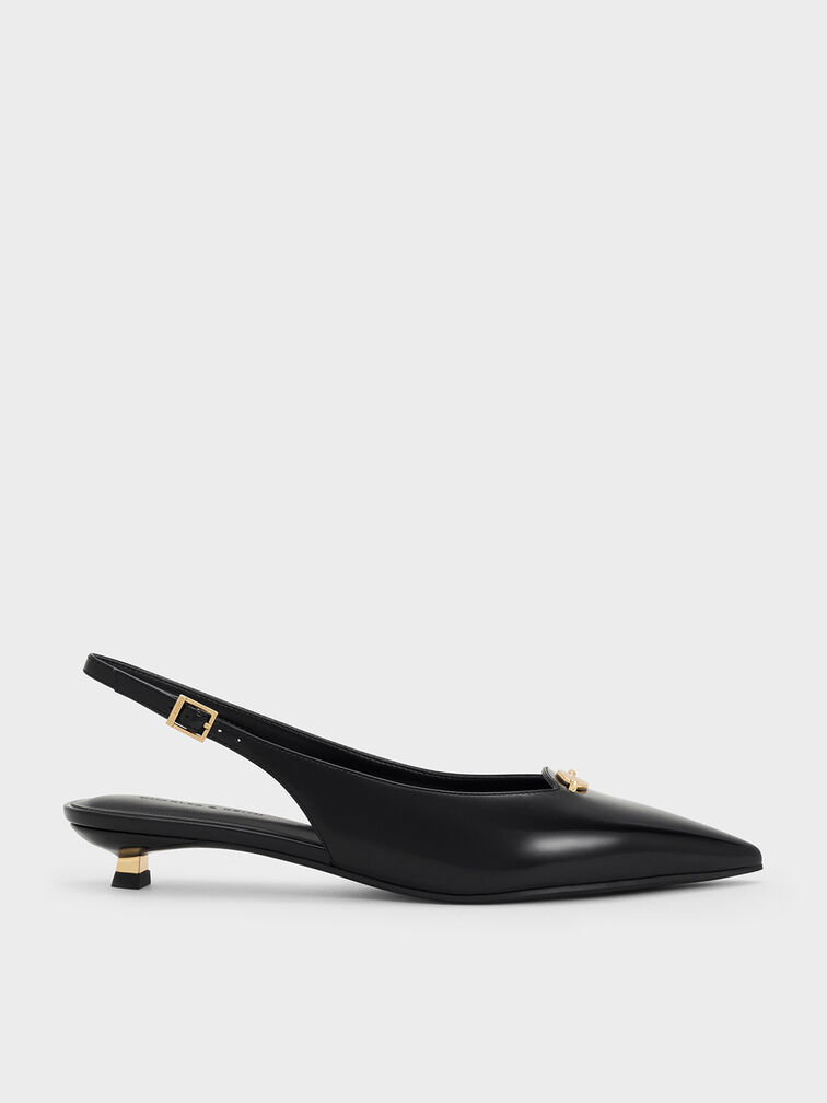 Metallic-Accent Kitten-Heel Slingback Pumps, Black Boxed, hi-res