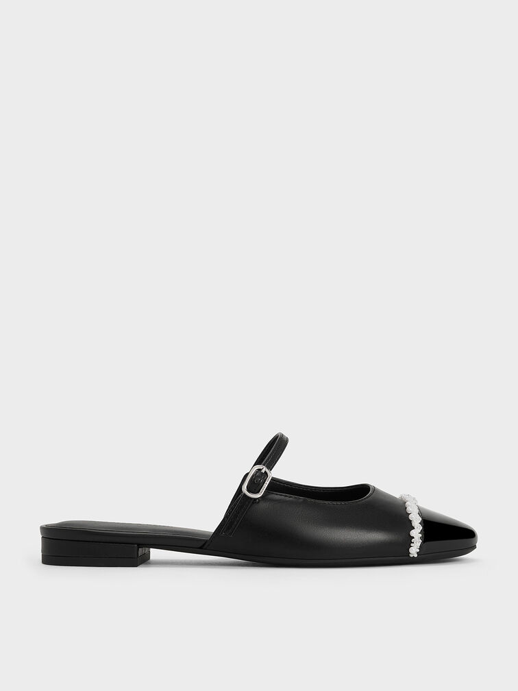 Pearl-Embellished Cap-Toe Flat Mules, Black, hi-res