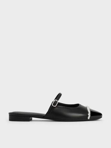 Pearl-Embellished Cap-Toe Flat Mules, Black, hi-res