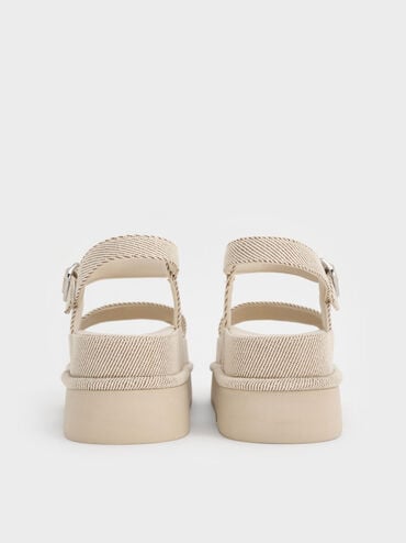Twill Flatform Ankle-Strap Sandals, Beige, hi-res