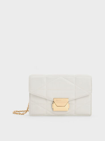 Blanche Chevron Chain-Strap Clutch, สีขาว, hi-res