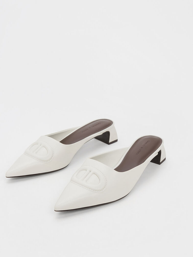Oval Stitch-Trim Pointed-Toe Mules, Chalk, hi-res