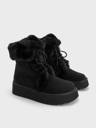 Faux Suede & Faux Fur Foldover Flatform Boots, Black Textured, hi-res