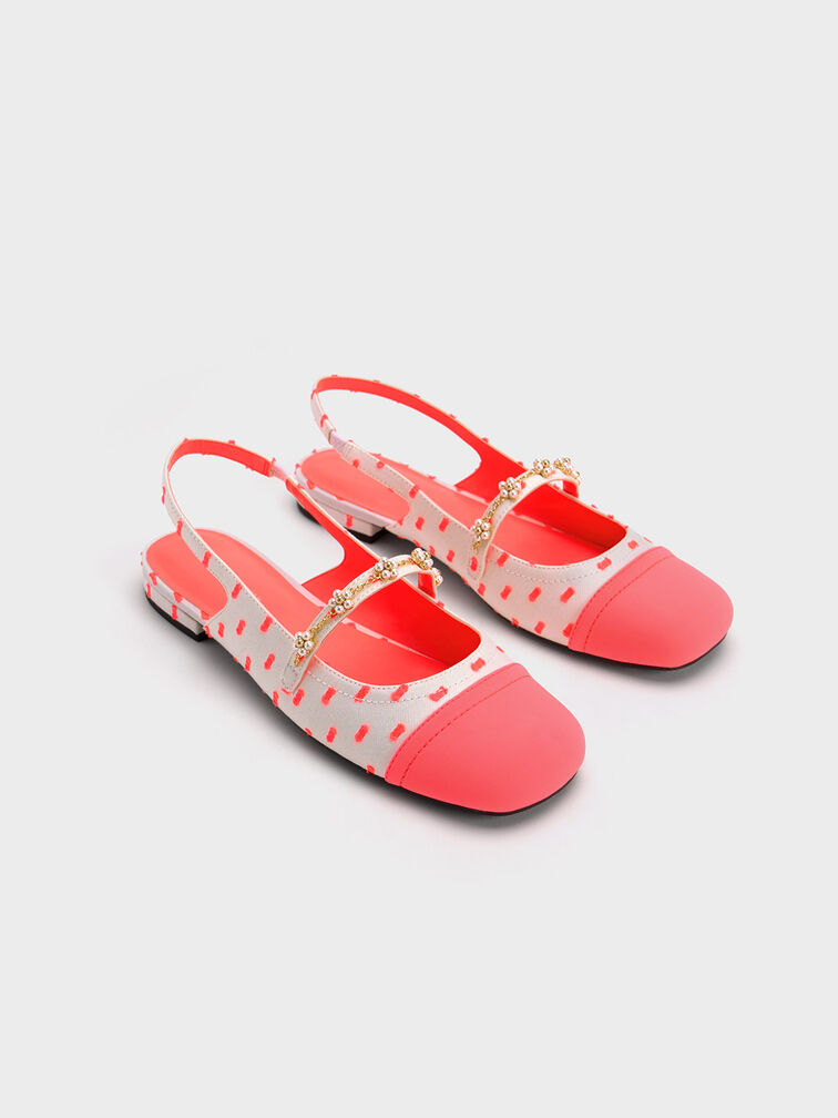 Beaded Flower Printed Slingback Flats, Coral Pink, hi-res