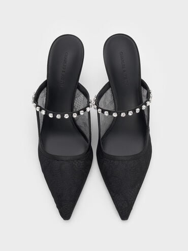 รองเท้าเปิดส้นดีไซน์ลูกไม้และผ้าซาติน, สีแบล็คเท็กซ์เจอร์, hi-res