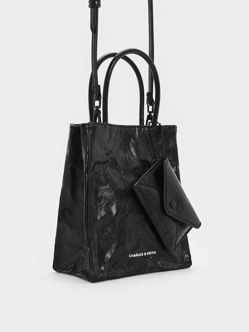 กระเป๋าโท้ททรงยาวลายย่นรุ่น Matina, สีดำอะไหล่สีดำ, hi-res