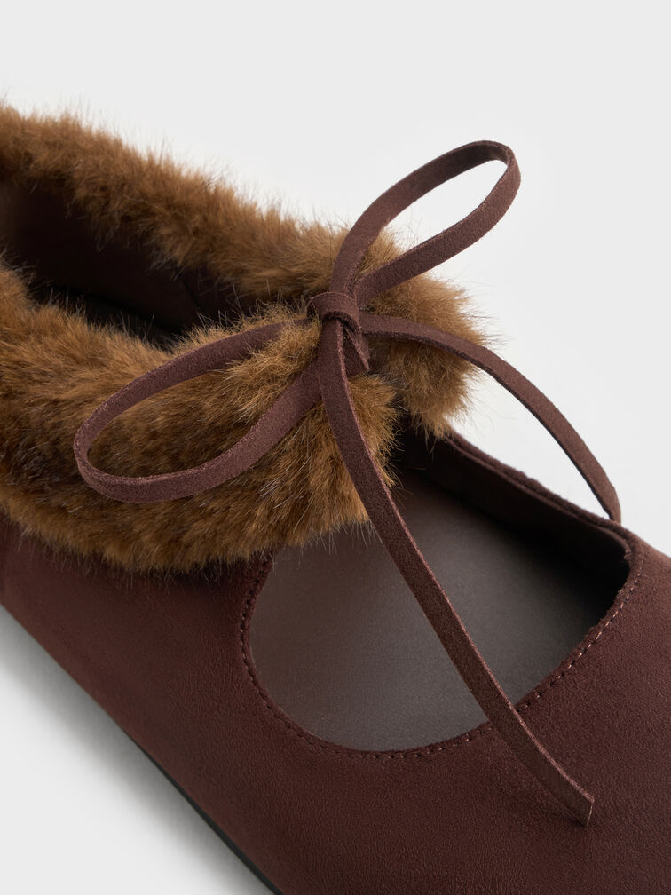 Emila Faux Suede Fur-Trim Mary Jane Flats, Dark Brown Textured, hi-res