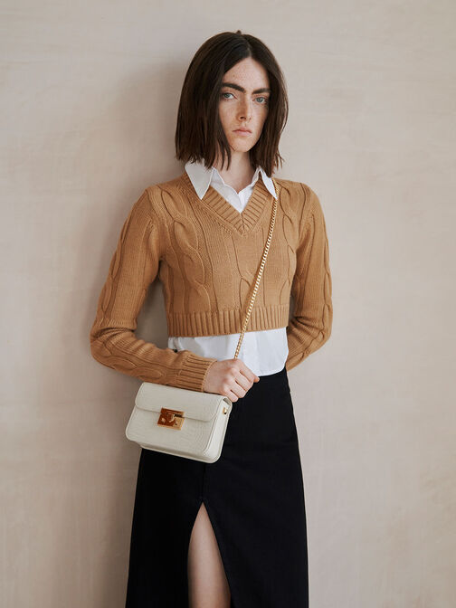 Croc-Effect Chain Strap Crossbody Bag, , hi-res