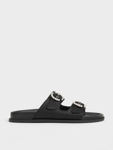 Recycled Polyester Embellished Buckle Sandals, Black Textured, hi-res
