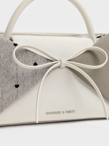 Hazel Heart-Print Bow Panelled Top Handle Bag, Taupe, hi-res