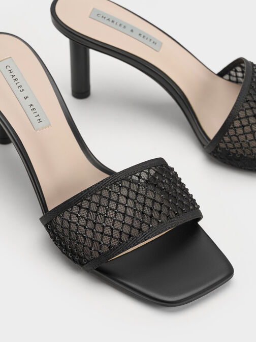Gem-Encrusted Cylindrical Heel Mesh Sandals, , hi-res