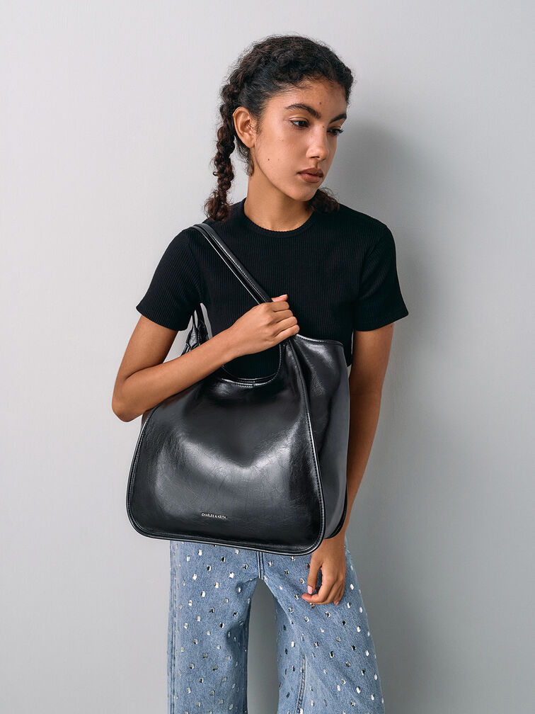 Sianna Crinkle-Effect Slouchy Tote Bag, Black, hi-res