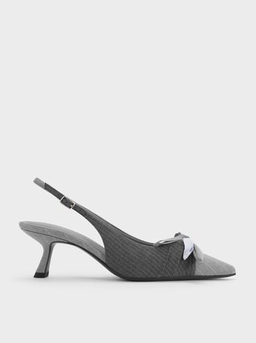 Striped Knot-Bow Pointed Slingback Pumps, Grey, hi-res