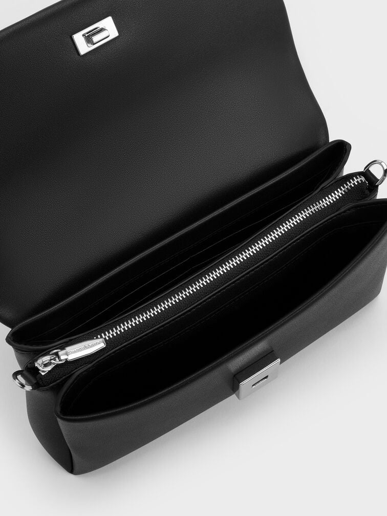 กระเป๋าสตางค์ประดับโบว์พร้อมสายโซ่รุ่น Hazel, สีดำอะไหล่สีเงิน, hi-res