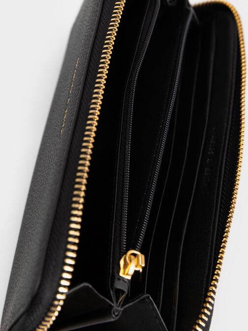กระเป๋าสตางค์ใบยาวดีไซน์ที่ปิดแบบซิปรอบ, สีดำ, hi-res