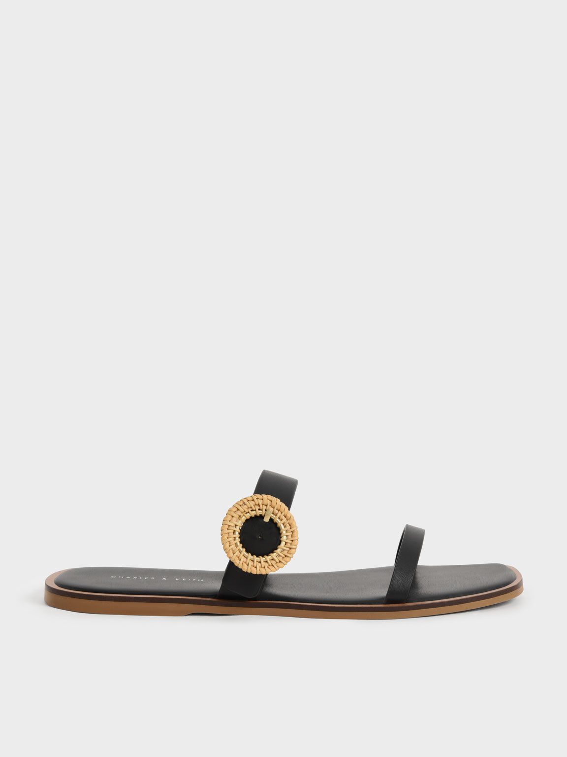 Woven Buckle Slide Sandals, Black, hi-res