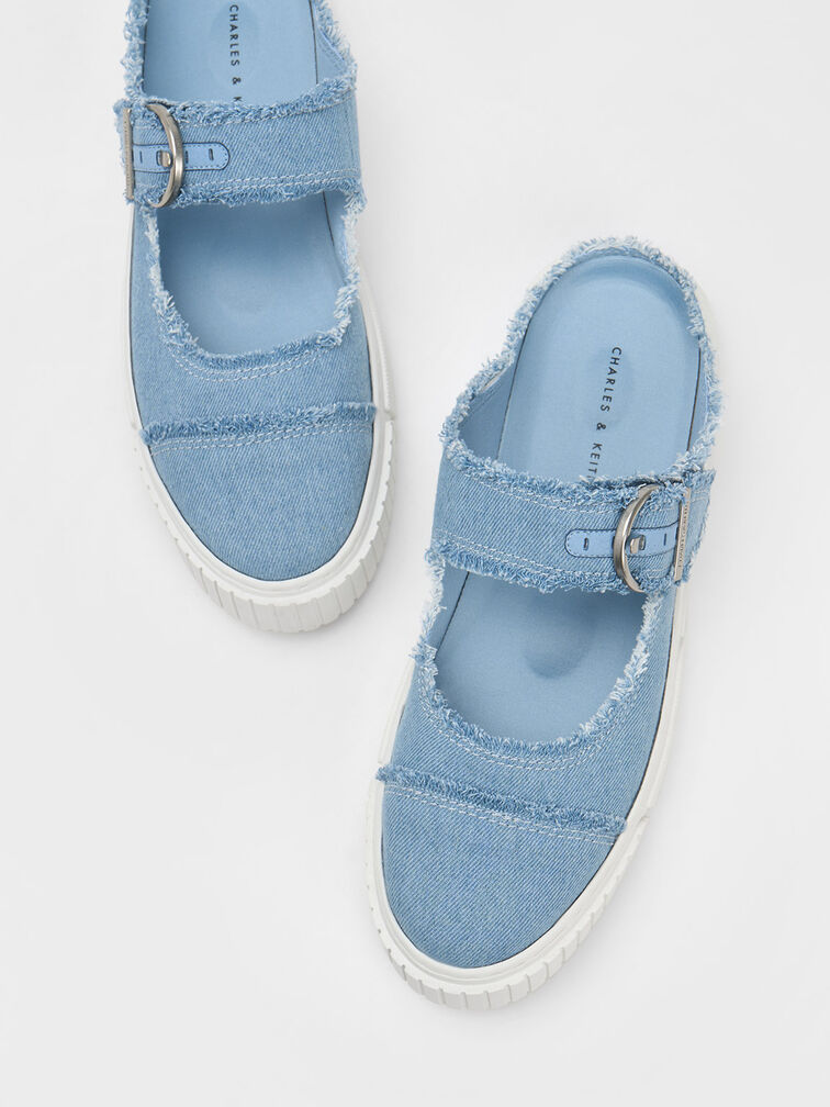 Denim Buckled Slip-On Sneakers, สีฟ้าอ่อน, hi-res