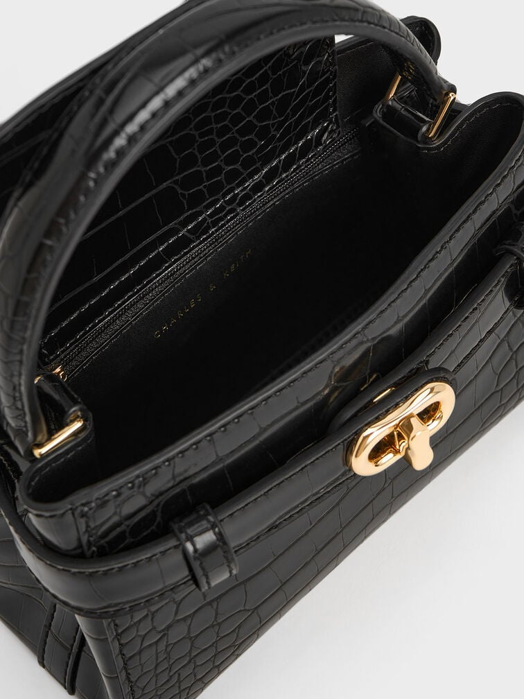 กระเป๋าถือเอฟเฟกต์ลายจระเข้รุ่น Aubrielle, สีดำ, hi-res