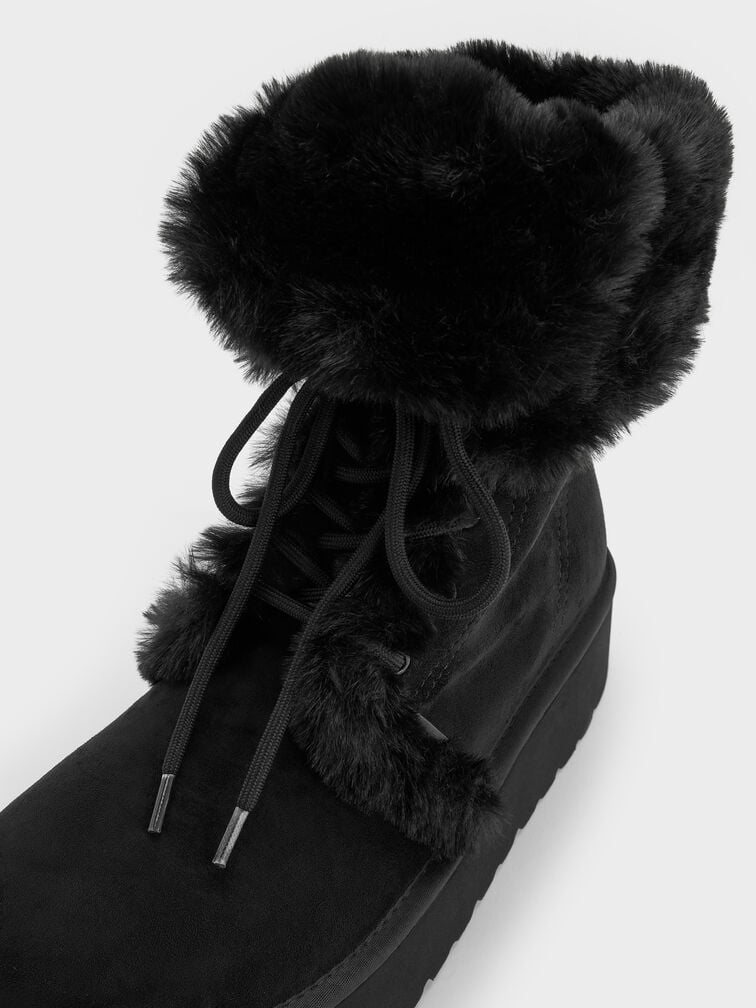 รองเท้าบูทแฟลตฟอร์มวัสดุหนังกลับสังเคราะห์ดีไซน์แบบพับขอบตกแต่งขนเฟอร์เทียม, สีแบล็คเท็กซ์เจอร์ รองเท้าบูทแฟลตฟอร์มวัสดุหนังกลับสังเคราะห์ดีไซน์แบบพับขอบตกแต่งขนเฟอร์เทียม, สีแบล็คเท็กซ์เจอร์, hi-res