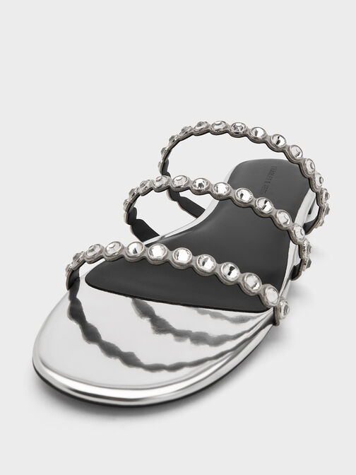 Crystal-Embellished Triple-Strap Sandals, Silver, hi-res