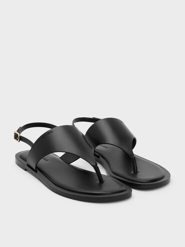 V-Strap Slingback Thong Sandals, Black, hi-res