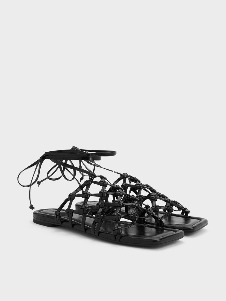 รองเท้าแตะดีไซน์แบบสานพร้อมสายพันข้อเท้า, สีดำ, hi-res