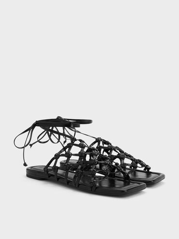 รองเท้าแตะดีไซน์แบบสานพร้อมสายพันข้อเท้า, สีดำ, hi-res