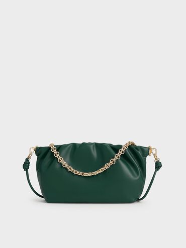 Brigette Ruched Chain-Handle Clutch, Dark Green, hi-res