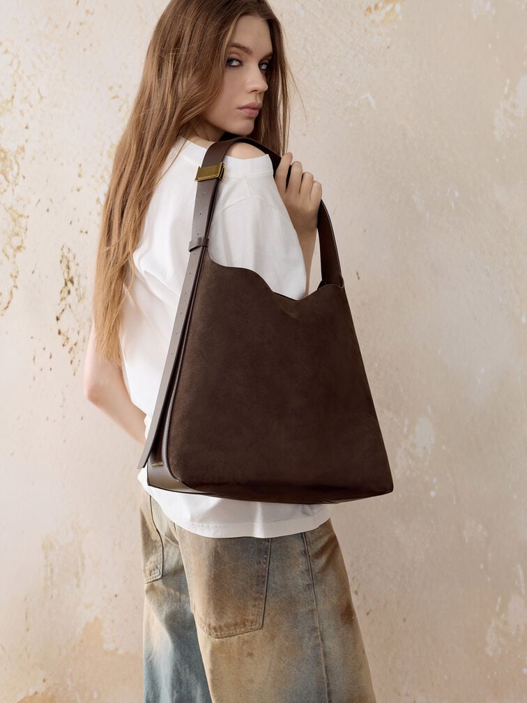 Edna Recycled Suede Hobo Bag, Espresso Brown, hi-res