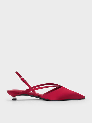 Satin V-Strap Pointed-Toe Slingback Kitten Heels, Red, hi-res