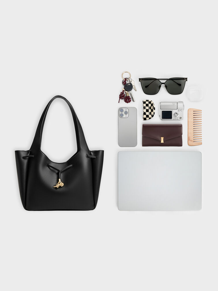 Mila Metallic-Knot Drawstring Tote Bag, Black, hi-res