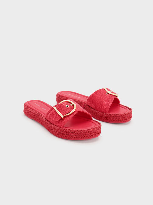 Linen Buckled Espadrille Flat Sandals, สีฟูเชีย, hi-res