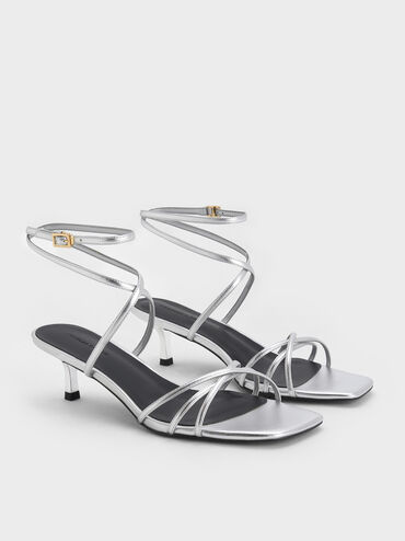 Metallic Strappy Ankle-Strap Kitten-Heel Sandals, Silver, hi-res