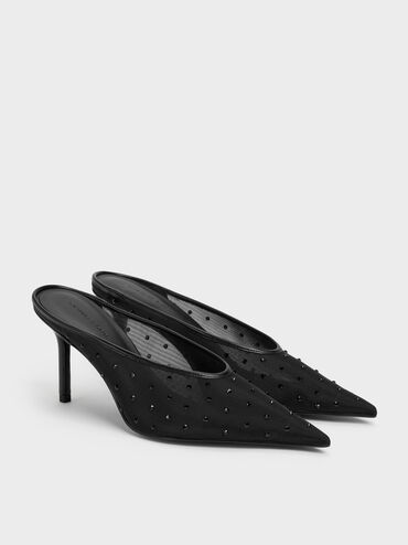 Mesh Crystal Pointed Heeled Mules, Black Textured, hi-res