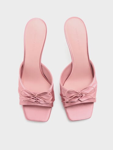 Satin Ruched Bow Heeled Mules, Pink, hi-res