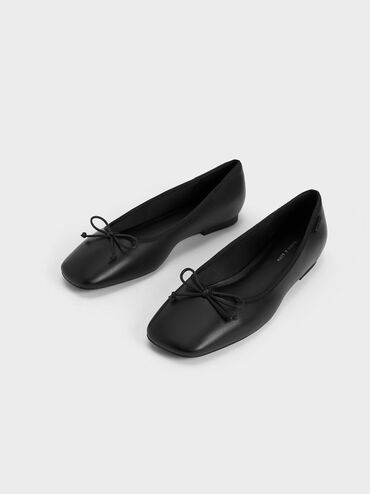 Rounded Square-Toe Bow Ballerinas, สีดำ, hi-res