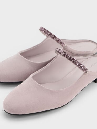 Faux Suede Crystal-Embellished Mary Jane Mules, Light Pink, hi-res