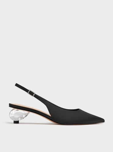 Satin Pointed-Toe Crystal-Heel Slingback Pumps, Black Textured, hi-res