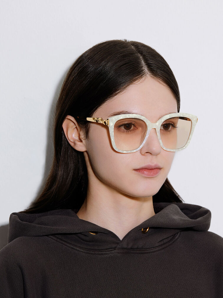 Oversized Square Acetate Sunglasses, สีครีม, hi-res