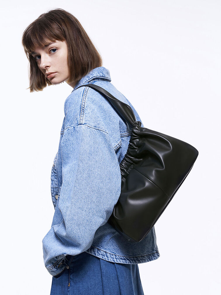 Large Ally Ruched Slouchy Bag, สีดำอะไหล่สีเงิน, hi-res