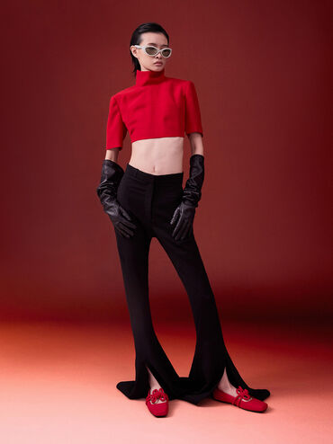 รองเท้าแมรี่เจนส้นเตี้ยดีไซน์ปมเชือกรูปโคลเวอร์, สีแดง, hi-res
