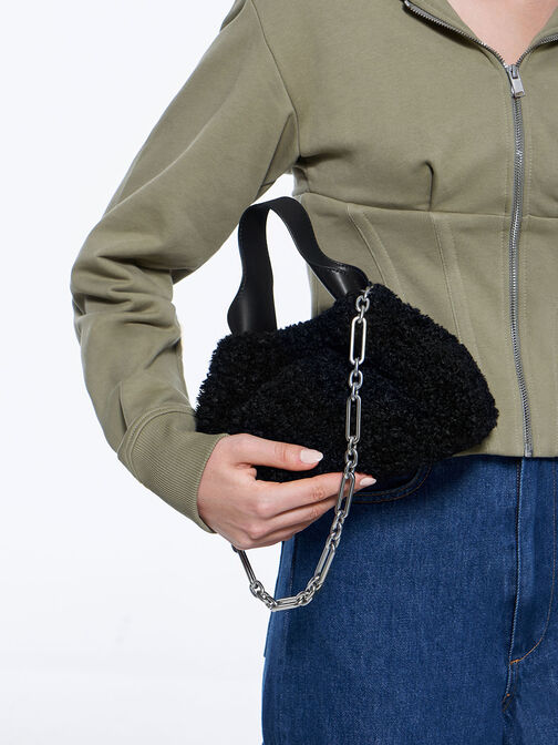 Ally Furry Slouchy Bag, สีดำอะไหล่สีเงิน, hi-res