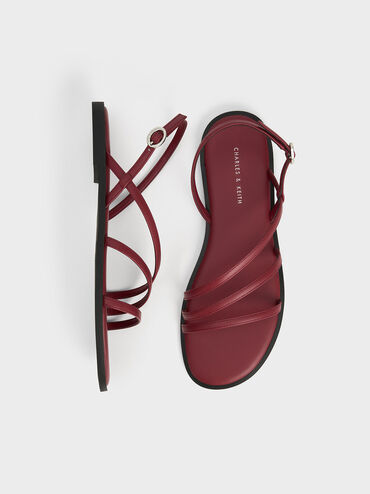 Asymmetric Triple-Strap Sandals, สีเบอร์กันดี, hi-res
