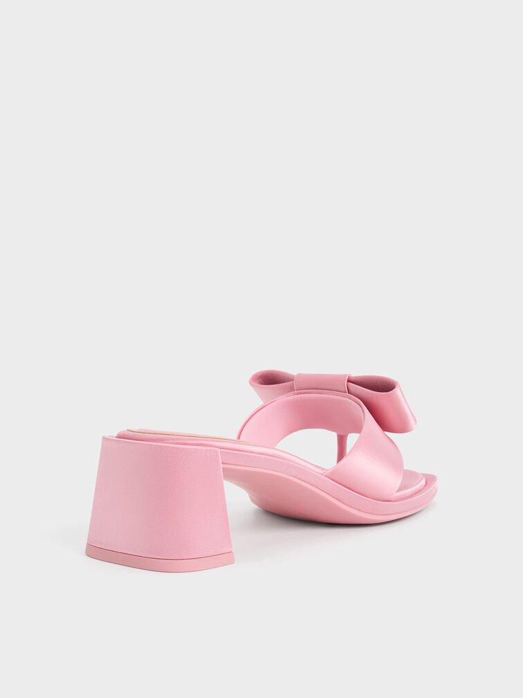 Satin Bow Heeled Thong Sandals, Pink, hi-res