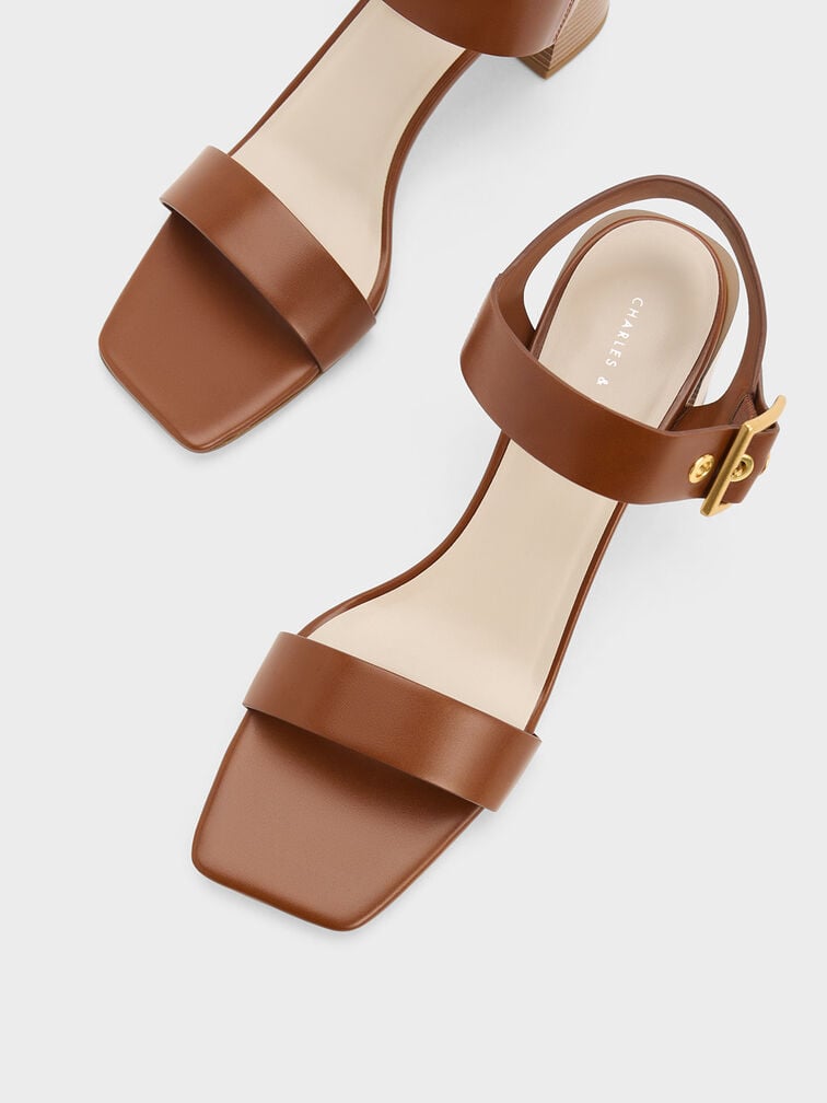 Square-Buckle Block Heel Sandals, สีคอนยัค, hi-res